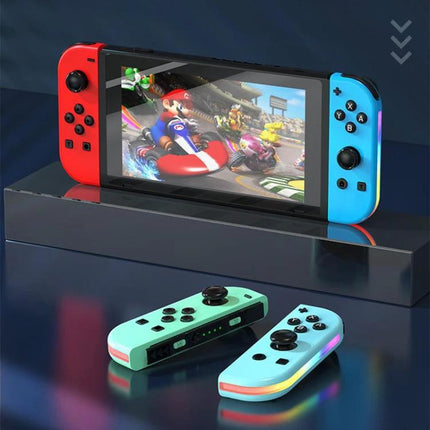 Controller for Everyday Gaming Sessions on Nintendo Switch - wireless controllers next to Switch showing Mario Kart gameplay