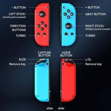 Controller for Everyday Gaming Sessions on Nintendo Switch showing labeled red and blue wireless Joy-Con-style controllers with buttons, sticks, turbo, capture and home buttons