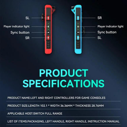 Controller for Everyday Gaming Sessions on Nintendo Switch showing red and blue Joy-Con-style controllers with labeled sync buttons and specs