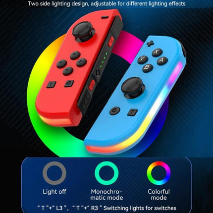 Controller for Everyday Gaming Sessions on Nintendo Switch with red and blue wireless Joy-Con style controllers and adjustable side lighting