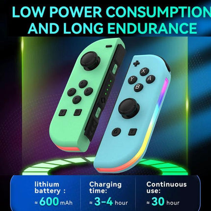 Controller for Everyday Gaming Sessions on Nintendo Switch wireless neon Joy-Con set showing battery 600mAh, 3–4 hr charge and ~30 hr continuous use
