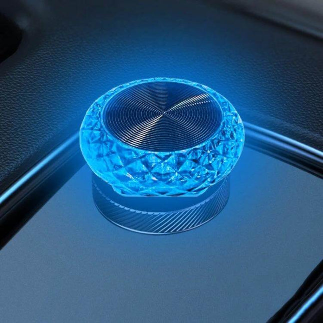 Mushroom USB Ambient Light For Car And Home Ice Blue glowing in car cup holder, compact USB LED mood light with soft, eye-friendly ice blue glow