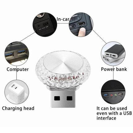 Mushroom USB Ambient Light For Car And Home Ice Blue - compact USB LED mushroom light shown with car port, computer, power bank, and charging head uses