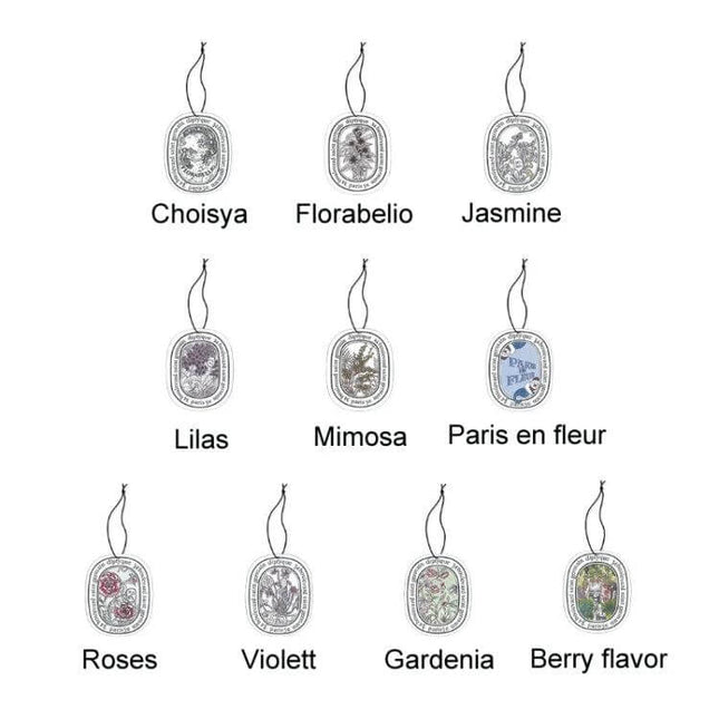Diptyque Car Solid Fragrance Tablet For Fresh Car Air hanging paper fragrance tablets assortment (Choisya, Florabelio, Jasmine, Lilas, Mimosa, Paris en fleur, Roses, Violett, Gardenia, Berry)