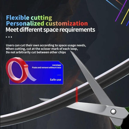 Car Interior RGB Fiber Optic Ambient Lamp Footwell 110cm showing flexible silicone strip being cut with scissors for custom footwell installation