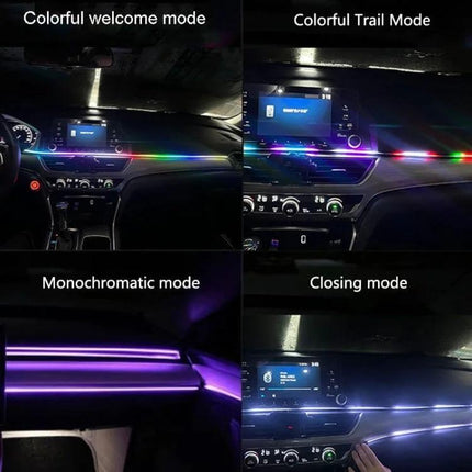 Car Interior RGB Fiber Optic Ambient Lamp Footwell 110cm installed showing colorful welcome, trail, monochromatic and closing modes in car footwell