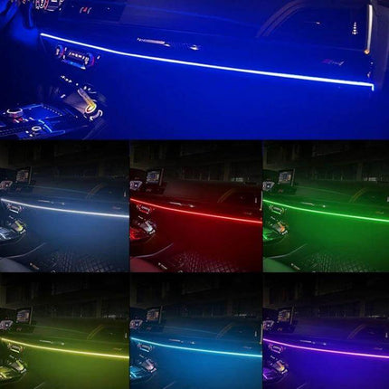 Car Interior RGB Fiber Optic Ambient Lamp Footwell 110cm installed along dashboard and footwell showing multiple RGB color modes