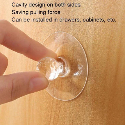 Invisible Cabinet Drawer Handle 2 Pack With Self Adhesive Suction Cups clear acrylic invisible knob on wood drawer showing finger pulling