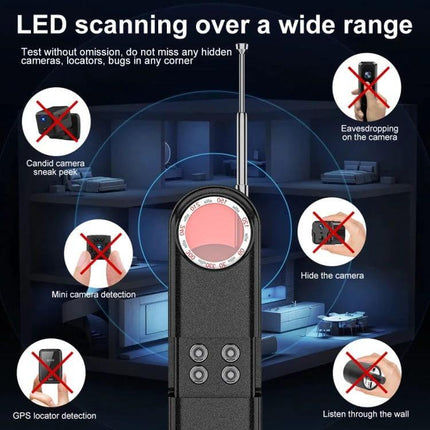 Handheld Wireless Detector for Hidden Cameras and GPS Devices handheld device scanning a room for hidden cameras and GPS locators