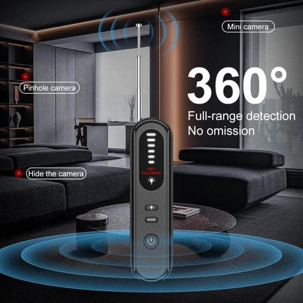 Handheld Wireless Detector for Hidden Cameras and GPS Devices scanning a modern living room for hidden cameras and GPS