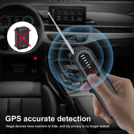 Handheld Wireless Detector for Hidden Cameras and GPS Devices scanning car interior for hidden GPS and camera threats