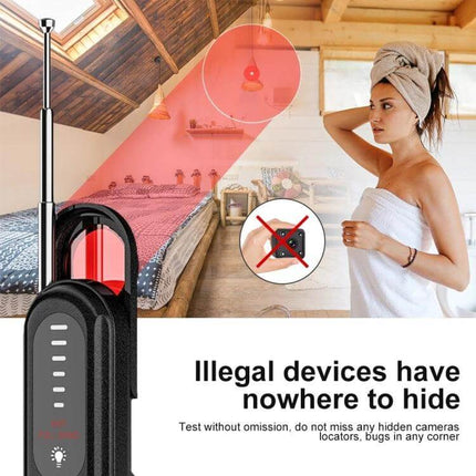 Handheld Wireless Detector for Hidden Cameras and GPS Devices scanning a bedroom for hidden surveillance