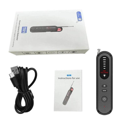 Handheld Wireless Detector for Hidden Cameras and GPS Devices - compact detector, USB cable, manual and packaging for privacy scans