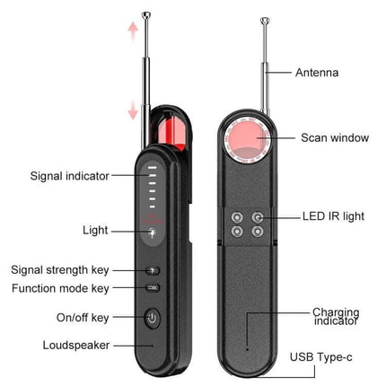 Handheld Wireless Detector for Hidden Cameras and GPS Devices - handheld privacy scanner with antenna, scan window, LED IR light and USB Type-C charging