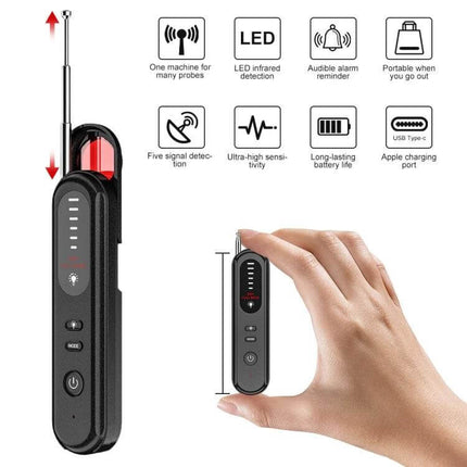 Handheld Wireless Detector for Hidden Cameras and GPS Devices compact optical RF scan with LED indicators and telescopic antenna for travel and home privacy