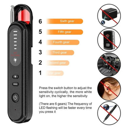 Handheld Wireless Detector for Hidden Cameras and GPS Devices - portable optical scanner with six sensitivity gears for travel, home, office privacy checks