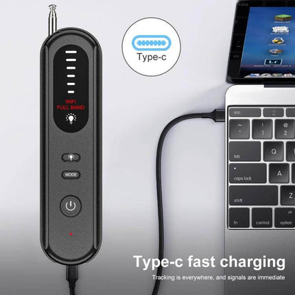Handheld Wireless Detector for Hidden Cameras and GPS Devices shown charging via Type-C next to a laptop, displaying full-band radar indicators