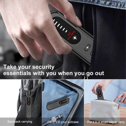 Handheld Wireless Detector for Hidden Cameras and GPS Devices being placed in pocket and bags for travel privacy checks