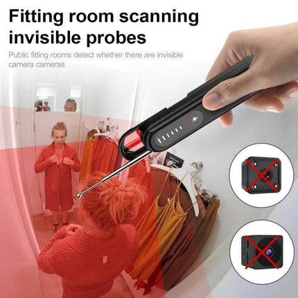 Handheld Wireless Detector for Hidden Cameras and GPS Devices scanning a fitting room for hidden camera lenses