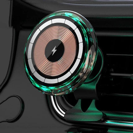 MagSafe Car Phone Holder And Wireless Charger Ice Blue mounted on car vent with teal accent, compact magnetic wireless charging view