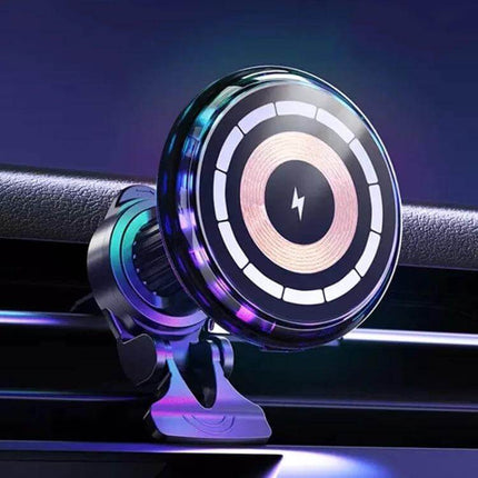 MagSafe Car Phone Holder And Wireless Charger Ice Blue mounted on car vent with glowing ring, magnetic wireless charging for hands-free navigation