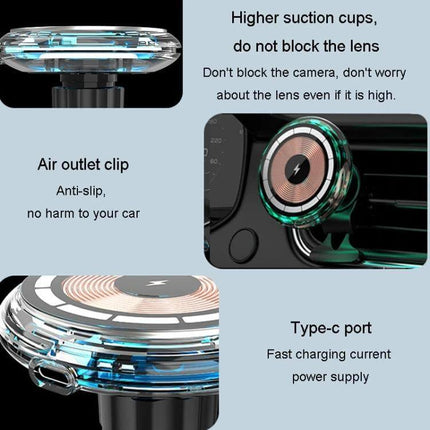 MagSafe Car Phone Holder And Wireless Charger Ice Blue mounted on vent showing suction cups, air outlet clip and Type-C port