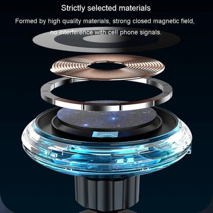 MagSafe Car Phone Holder And Wireless Charger Ice Blue showing exploded view of magnetic coil, ring, and acrylic components for vent mount