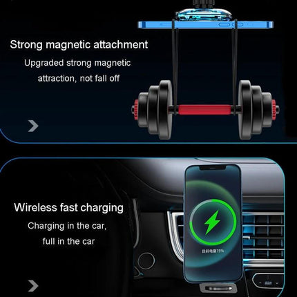 MagSafe Car Phone Holder And Wireless Charger Ice Blue mounted on vent showing strong magnetic attachment and wireless fast charging in car
