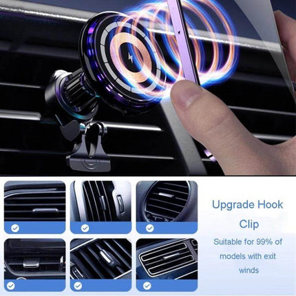 MagSafe Car Phone Holder And Wireless Charger Ice Blue mounted on vent with magnetic wireless charging and upgraded air vent clip for hands-free navigation