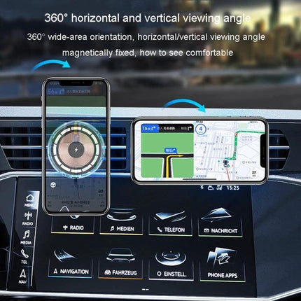 MagSafe Car Phone Holder And Wireless Charger Ice Blue mounted on car vent showing horizontal and vertical viewing with navigation and charging