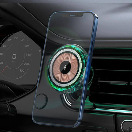MagSafe Car Phone Holder And Wireless Charger Ice Blue mounted on car vent with iPhone displaying wireless charging coil