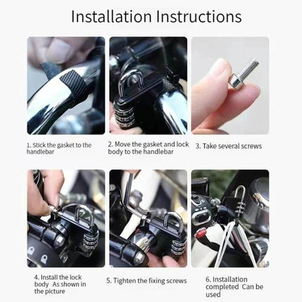 Motorcycle Helmet Anti Theft Lock Padlock For Secure Parking Black showing installation steps on motorcycle handlebars