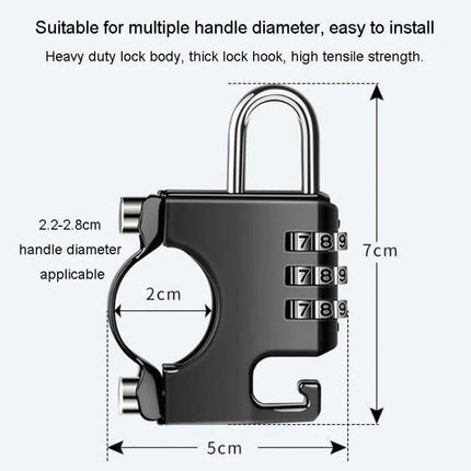 Motorcycle Helmet Anti Theft Lock Padlock For Secure Parking Black compact code lock for handlebars, 2–2.8cm fit, metal weather‑resistant body (7x5cm)
