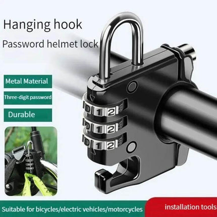 Motorcycle Helmet Anti Theft Lock Padlock For Secure Parking Black hanging hook three-digit code lock on handlebars, metal weather-resistant design
