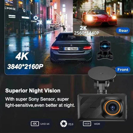 Viidure Dual-Lens Dash Cam for Everyday Vehicle Monitoring showing 4K front and 2K rear cameras, night vision and suction mount for car installation