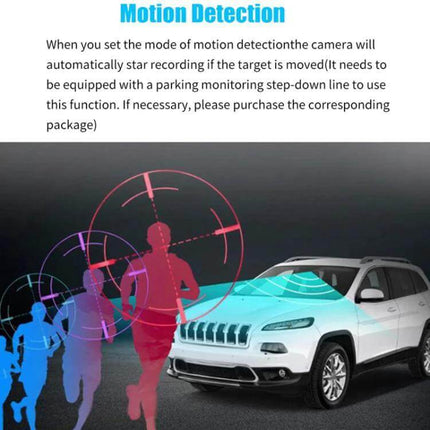 Viidure Dual-Lens Dash Cam for Everyday Vehicle Monitoring motion detection illustrating front and rear sensors recording pedestrians near parked car