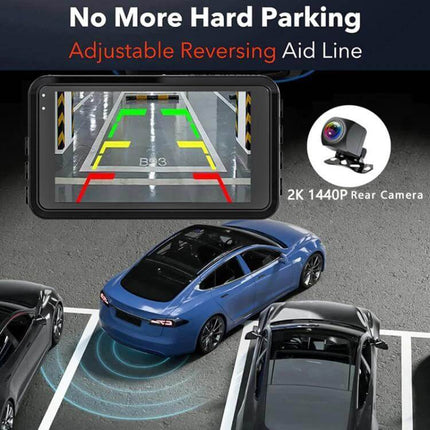 Viidure Dual-Lens Dash Cam for Everyday Vehicle Monitoring showing parking assist view with adjustable reversing guide lines and rear camera