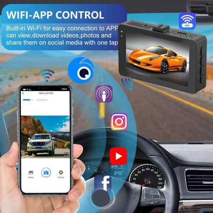 Viidure Dual-Lens Dash Cam for Everyday Vehicle Monitoring showing front and rear cameras with WiFi app control on smartphone
