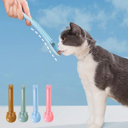 Spoon for Everyday Cat Feeding and Snack Giving at Home - blue dispensing spoon measuring treats for easy mess-free feedings