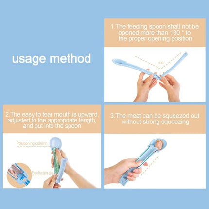 Spoon for Everyday Cat Feeding and Snack Giving at Home showing usage method and steps for opening, filling, and squeezing to serve meals