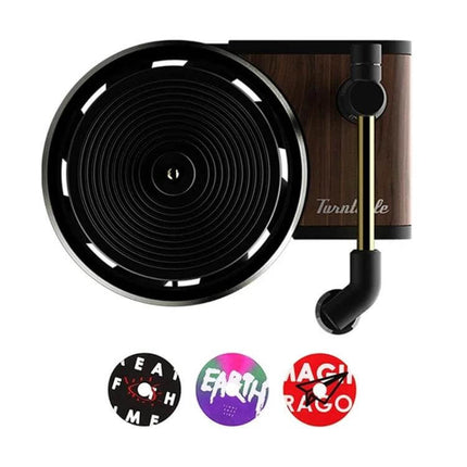 Rotating Retro Gramophone Car Aroma Diffuser for Air Vent clipped to car vent showing vinyl‑style body and three scent pads