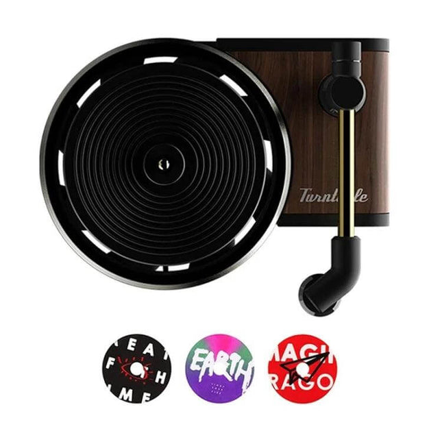 Rotating Retro Gramophone Car Aroma Diffuser for Air Vent clipped to car vent showing vinyl‑style body and three scent pads