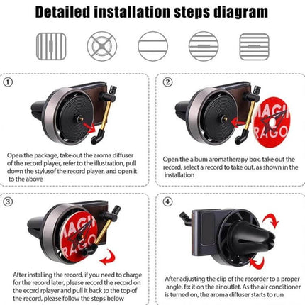 Rotating Retro Gramophone Car Aroma Diffuser for Air Vent shown clipped to car vent with rotating record and installation steps diagram