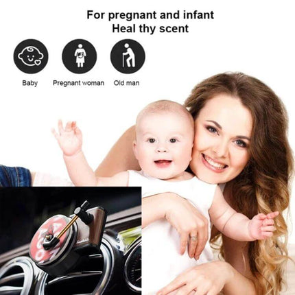 Rotating Retro Gramophone Car Aroma Diffuser for Air Vent clipping to car vent shown with mother and infant promoting gentle scent