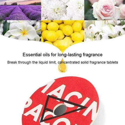 Rotating Retro Gramophone Car Aroma Diffuser for Air Vent shown with floral and lemon fragrance images and red retro vinyl tablet