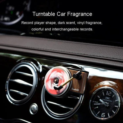 Rotating Retro Gramophone Car Aroma Diffuser for Air Vent clipped to car vent spinning record to evenly diffuse fragrance in cabin