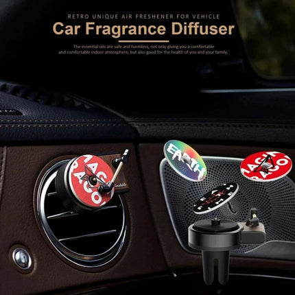 Rotating Retro Gramophone Car Aroma Diffuser for Air Vent clipped to car vent spinning vinyl-style air freshener