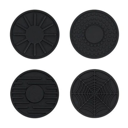 Car Cup Holder Coasters Set of 4 Silicone 6.8x0.3 cm — black silicone set with four textured designs to protect car cup holders from spills and scratches