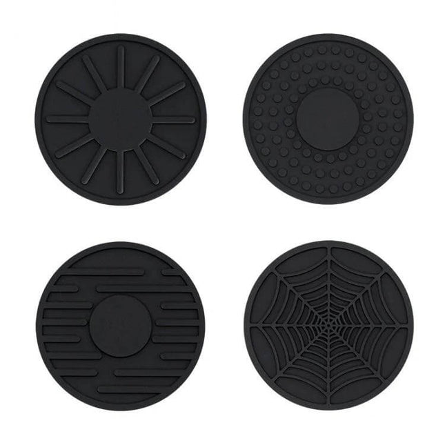 Car Cup Holder Coasters Set of 4 Silicone 6.8x0.3 cm — black silicone set with four textured designs to protect car cup holders from spills and scratches