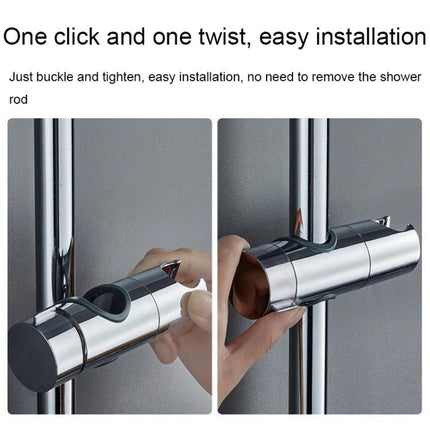 Adjustable Shower Bracket for Everyday Bathroom Use shown being easily buckled and twisted onto a standard shower pipe for height and angle adjustment